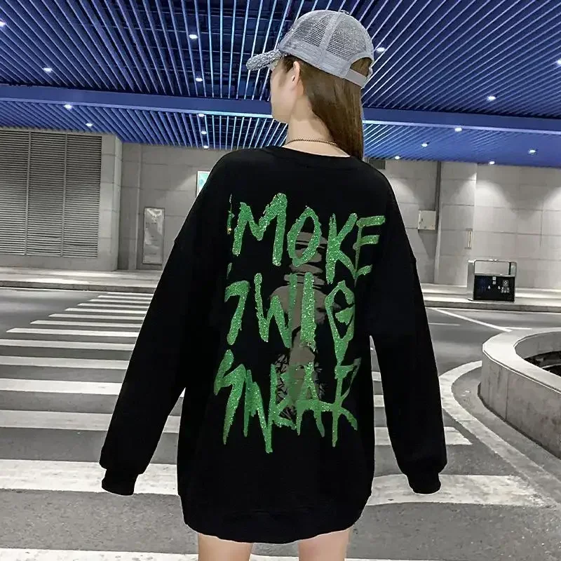 Rhinestone Woman Clothing Glitter Women\'s Sweatshirt Graphic Pullovers Top Round Neck Sequin Thick Y2k Style Essential M Basic E