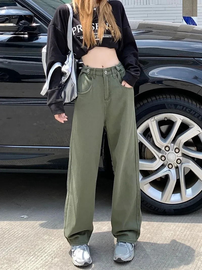 Autumn High Waisted Green Jeans Women's Vintage Straight Loose Streetwear Pockets Denim Button Wide Leg Pants