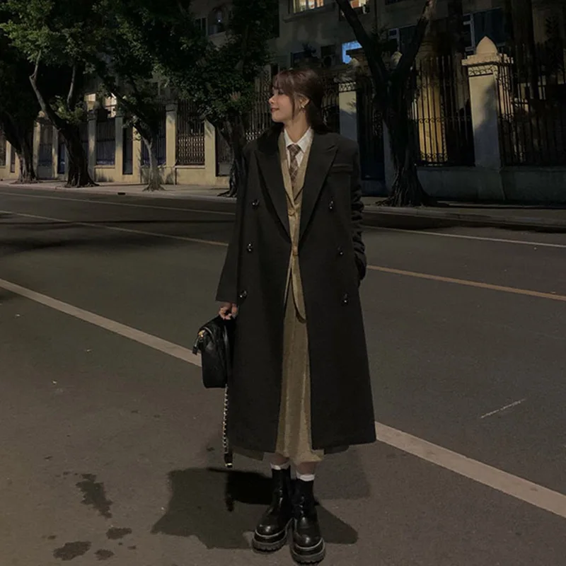 Trendformal DressesBlack Woolen For Women, Double Breasted Coat, Medium Length, Over The Knee, Autumn And Winter, 2024, N