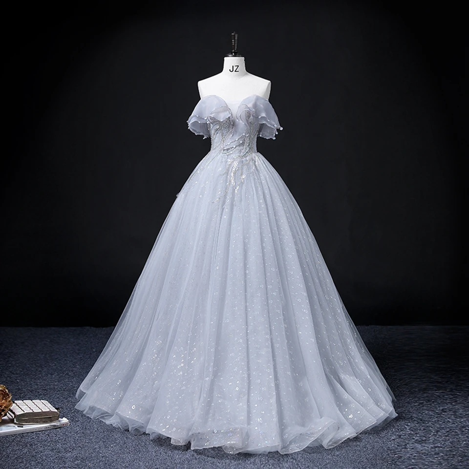 

2022 Off The Shoulder Silver Prom Dresses Formal Princess Beading Sequin Evening Dress For Women Party Gown Elegant Robes De Bal