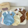 2025 Summer Toddler Baby Girls Romper Turndown Collar Short Sleeve Cartoon Bear Solid Cotton Triangle Infant Girls Bodysuit 1