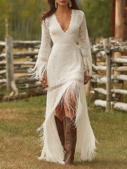 Elegant Vintage Women's Boho Tassel Dress White Lace V Neck Fringe Sleeve Autumn Fashion Party Dress Wedding Guest Maxi Dresses 1