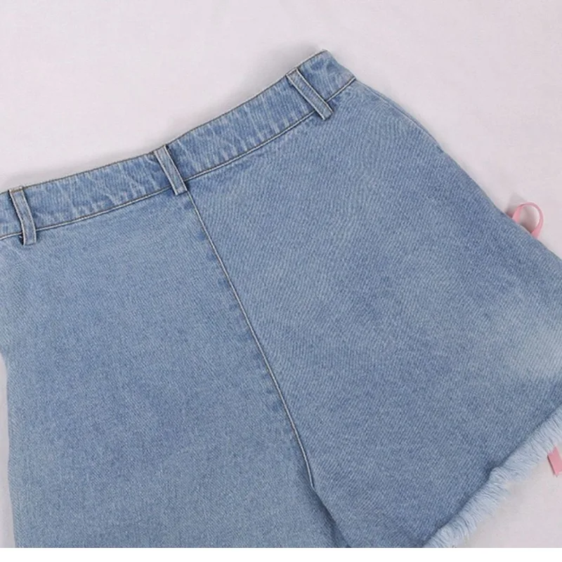 Women Summer New Sweet High Waist Button Zipper Pocket Bow Bandage Cartoon Printed Loose Versatile Tassel Wide Leg Denim Shorts