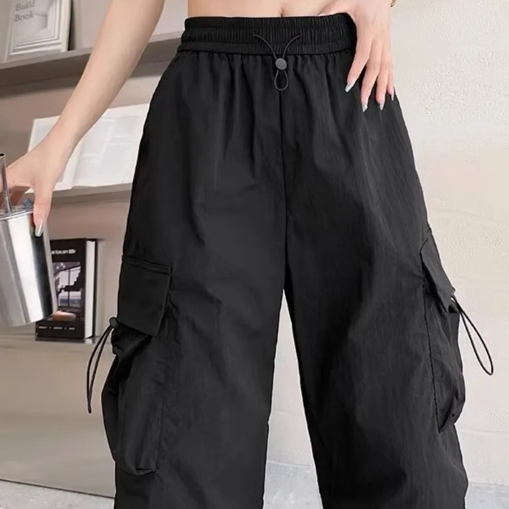 Elasticated Waist Women Drawstring Pants Multi-pockets Hip Hop Wide Leg Pants Black Red Sweatpants Baggy Cargo Pants Yoga