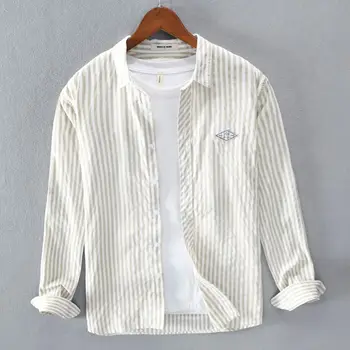 Camicia a maniche lunghe a righe da uomo Cardigan giapponese sciolto casual alla moda con risvolto artistico 2025 primaverile e autunnale 1