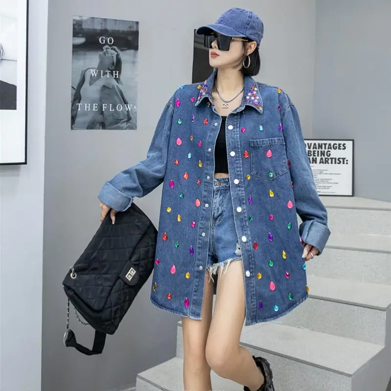 

Luxury Female Rainbow Diamonds Denim Shirts Woman Loose Crystal Blouses Rhinestone Cardigan Coat Streetwear Crop Tops w635