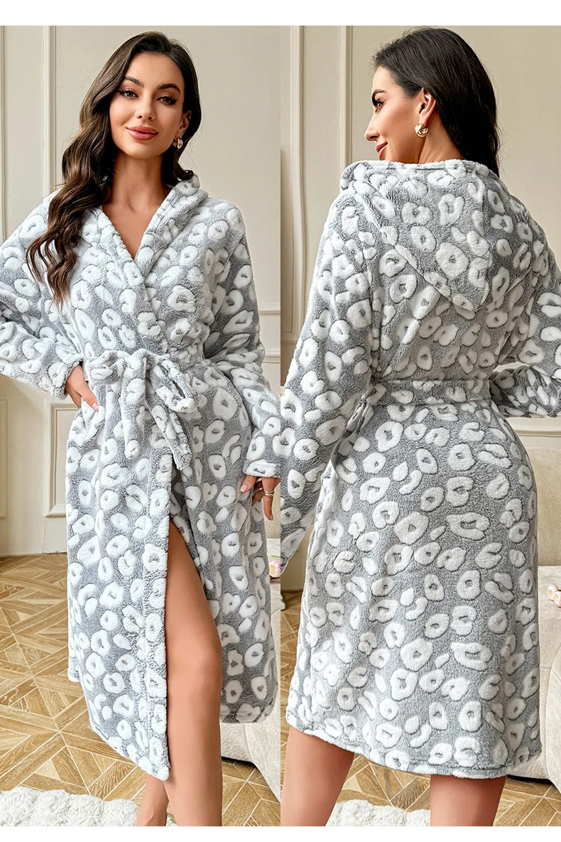 Women’s Winter Plush Velour Robe – Luxury Mid‑Calf Corduroy‑Style Nightwear Long‑Sleeved Tie‑Waist Warm Homewear