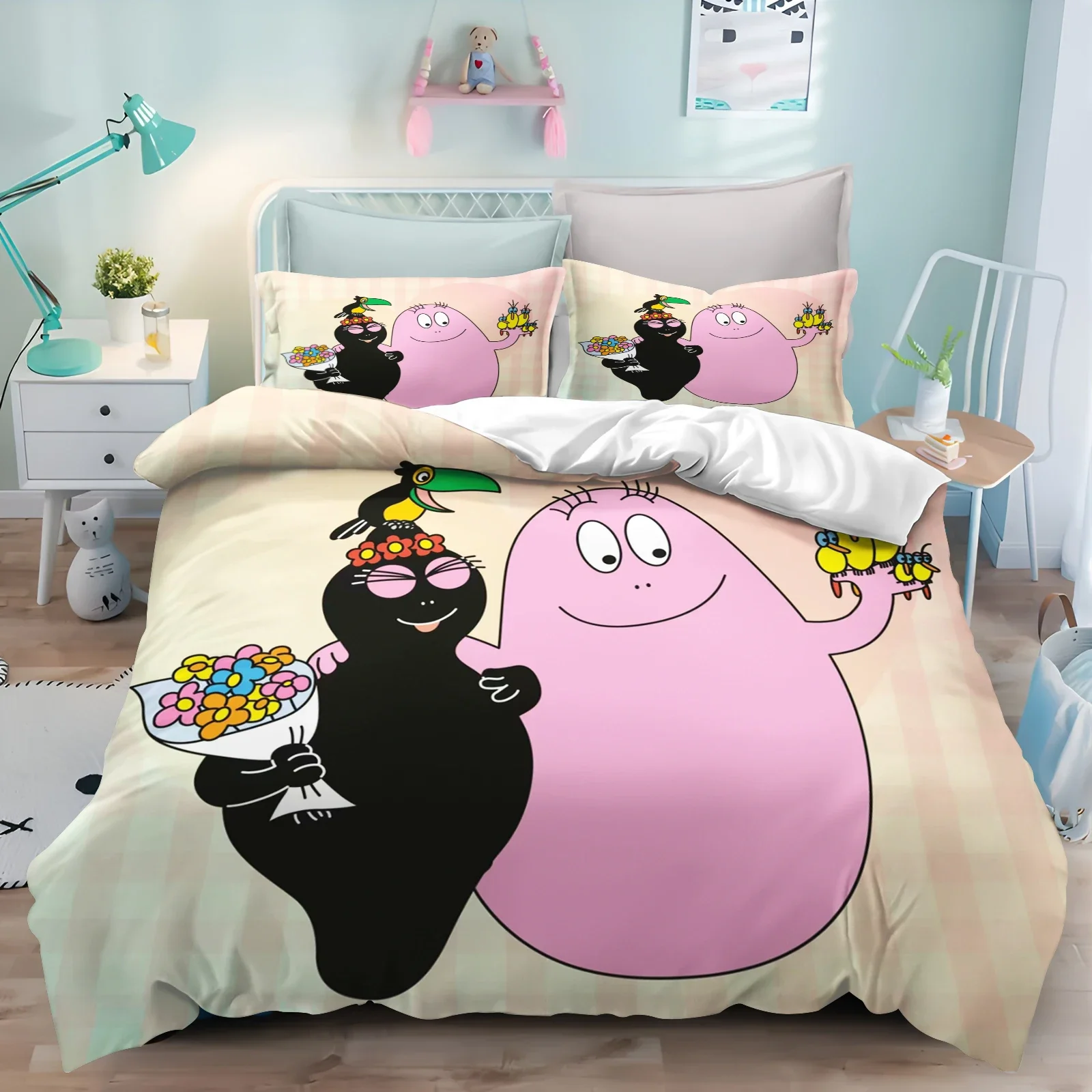 Barbapapa Cartoon Bettbezug Anime 3D-Druck Niedliches Kinderzimmer-Set Polyester Erwachsene Geschenk 2/3 Stück Bettwäsche – Detail 2