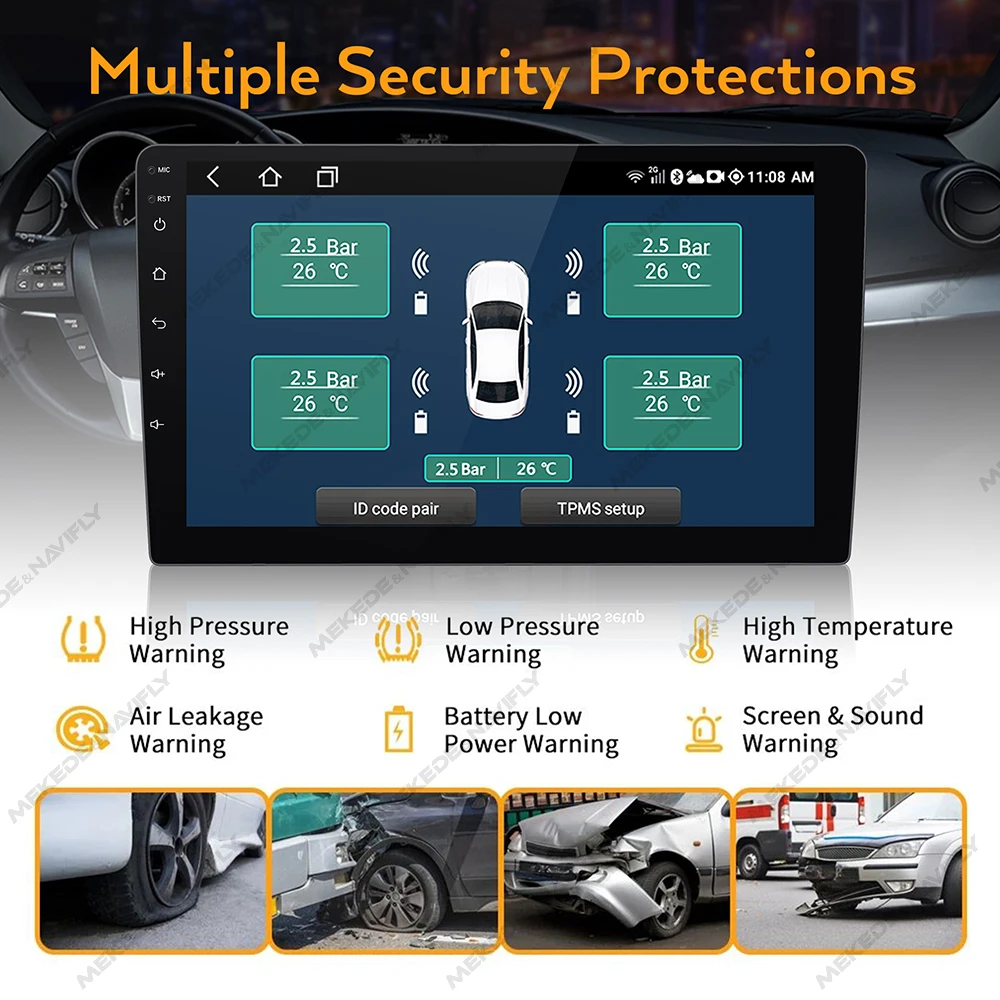 Navifly Built-in TPMS Car Tire Pressure Warning And Monitoring System 4 Sensors Intelligent tire pressure detection