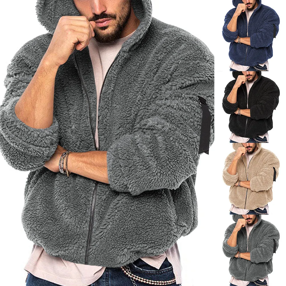 

Mens Teddy Bear Fleece Coat Winter Autumn Warm Long Sleeve Jacket Fur Fluffy Hooded Outwear Jumper Hoodies Windbreaker