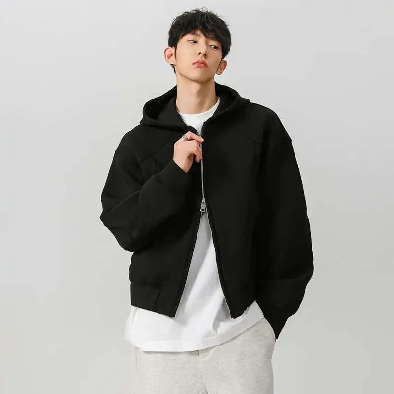 Men's Spring Hoodies Hooded Zipper Structure Solid Color Loose Short Tops Casual Sweatshirts
