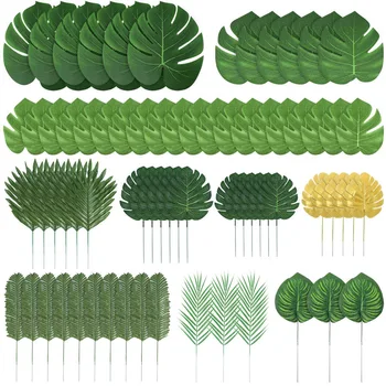 10/56pcs Tropical Palm Leaves Set - Artificial Safari Jungle Leaf Decorations with Stems for party Home Accents 1