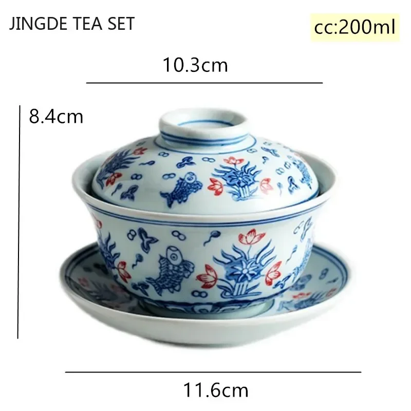 Jingdezhen Blue and White Porcelain Gaiwan Handmade Ceramic Teacup Travel Tea Bowl Chinese Teaware Drinkware Personal Cup 200ml