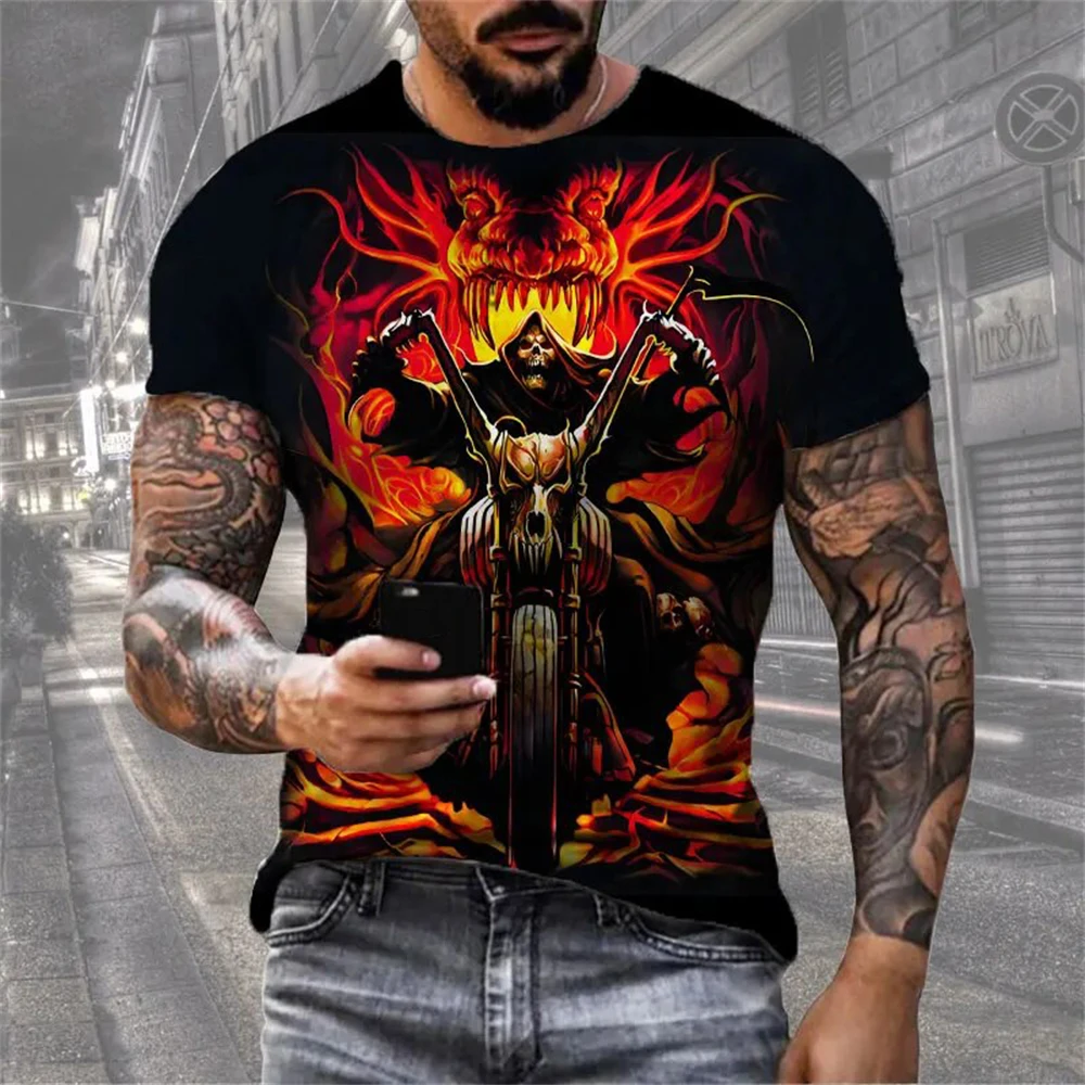Mens 3D Skull T-Shirt - Black Gothic Short Sleeve Halloween Top