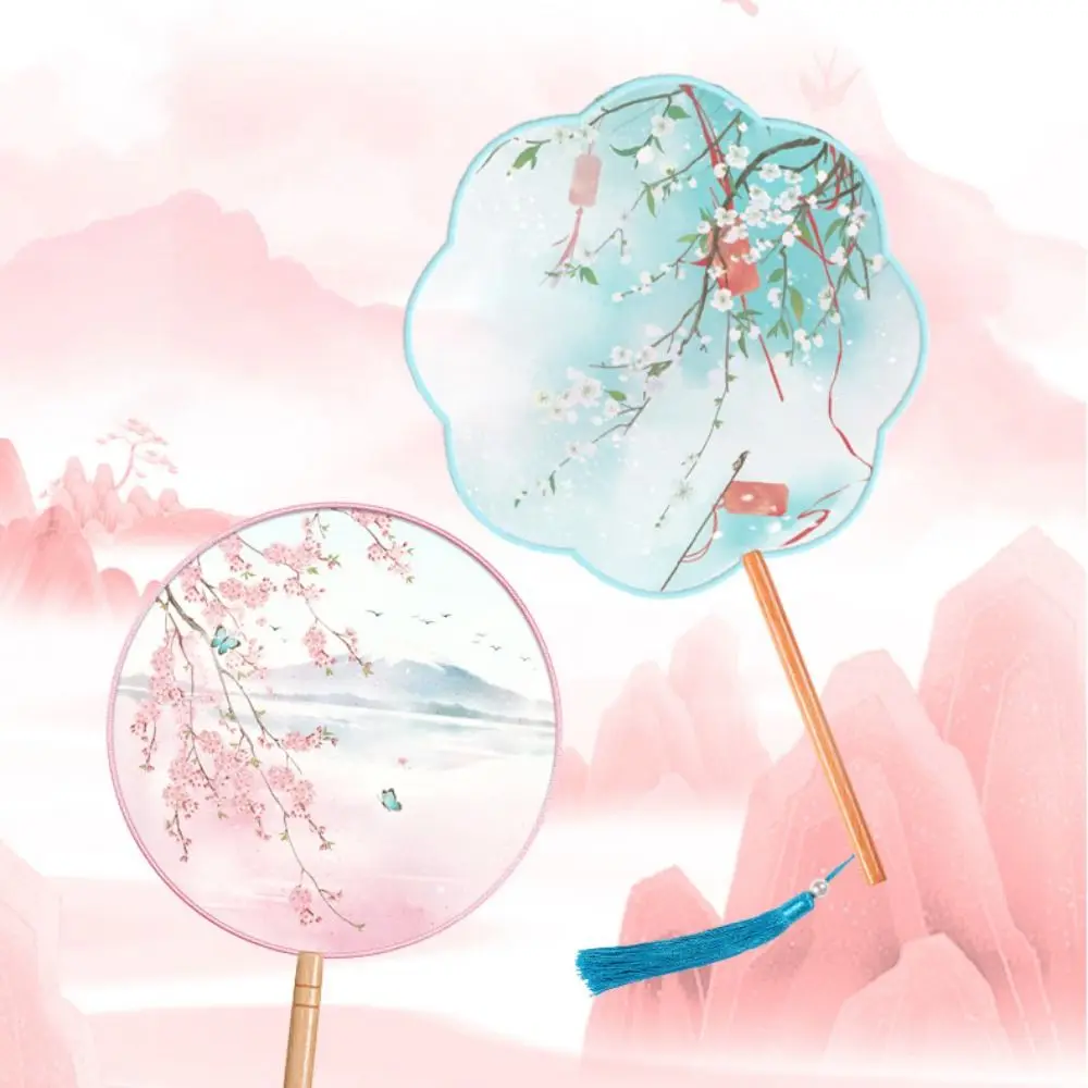 Hand Fan Chinese Style Round Hand Fan Ink Painting Ancient Dance Silk Fan Tassel Long Handle Embroidery for Hanfu