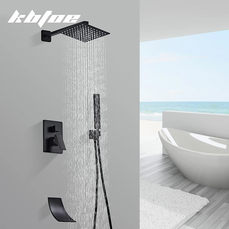 

Matte Black Wall Mount Rainfall Shower Faucet Set Concealed Bathroom Waterfall Shower Tap With Handshower Brass Tub Mixer Tap