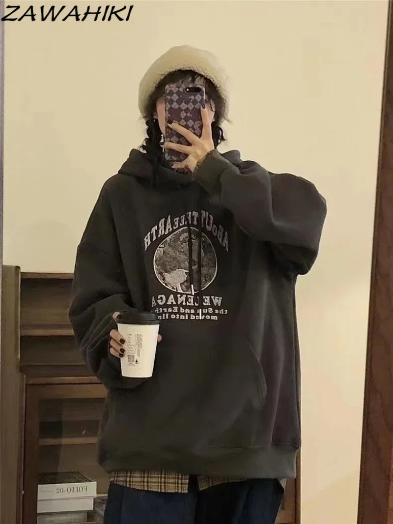 

Women Y2K Hoodies Hip Hop Letter Oversized Casual Streetwear Long Sleeve Pullover Vintage Autumn Winter Grey Sweatshirts Tops