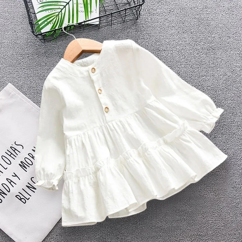 algodão meninas vestido de bebê nova primavera outono branco meninas manga longa roupas meninas vestido de princesa das crianças