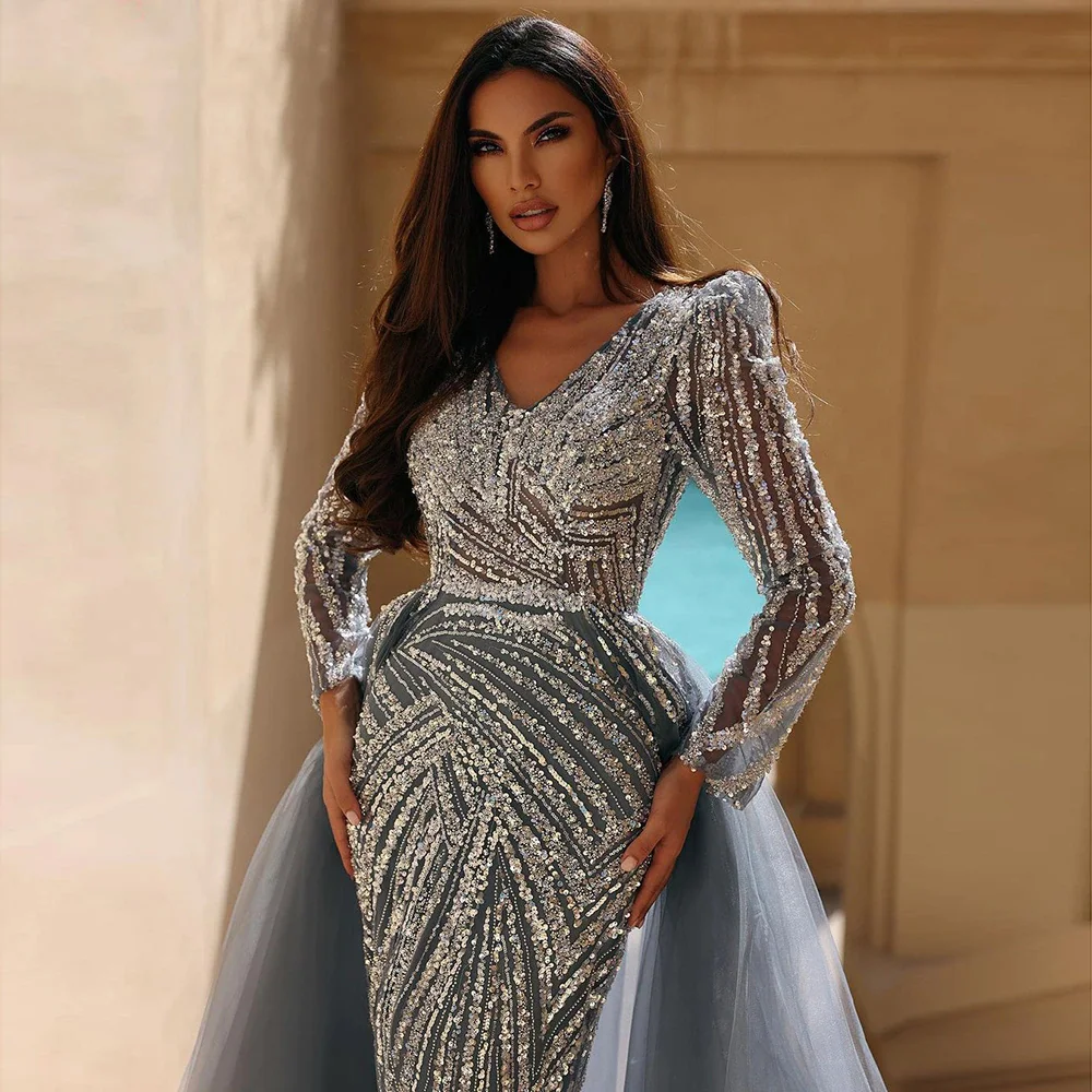 Serene Hill Dubai Mermaid Beaded Luxury Blue Muslim  Evening Dresses Gowns  with Detachable Skirt 2023 For Women Party LA71750