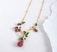  Hand Painted Enamel Glaze Purple Flowers Leaves Pearl Raspberry Necklace 