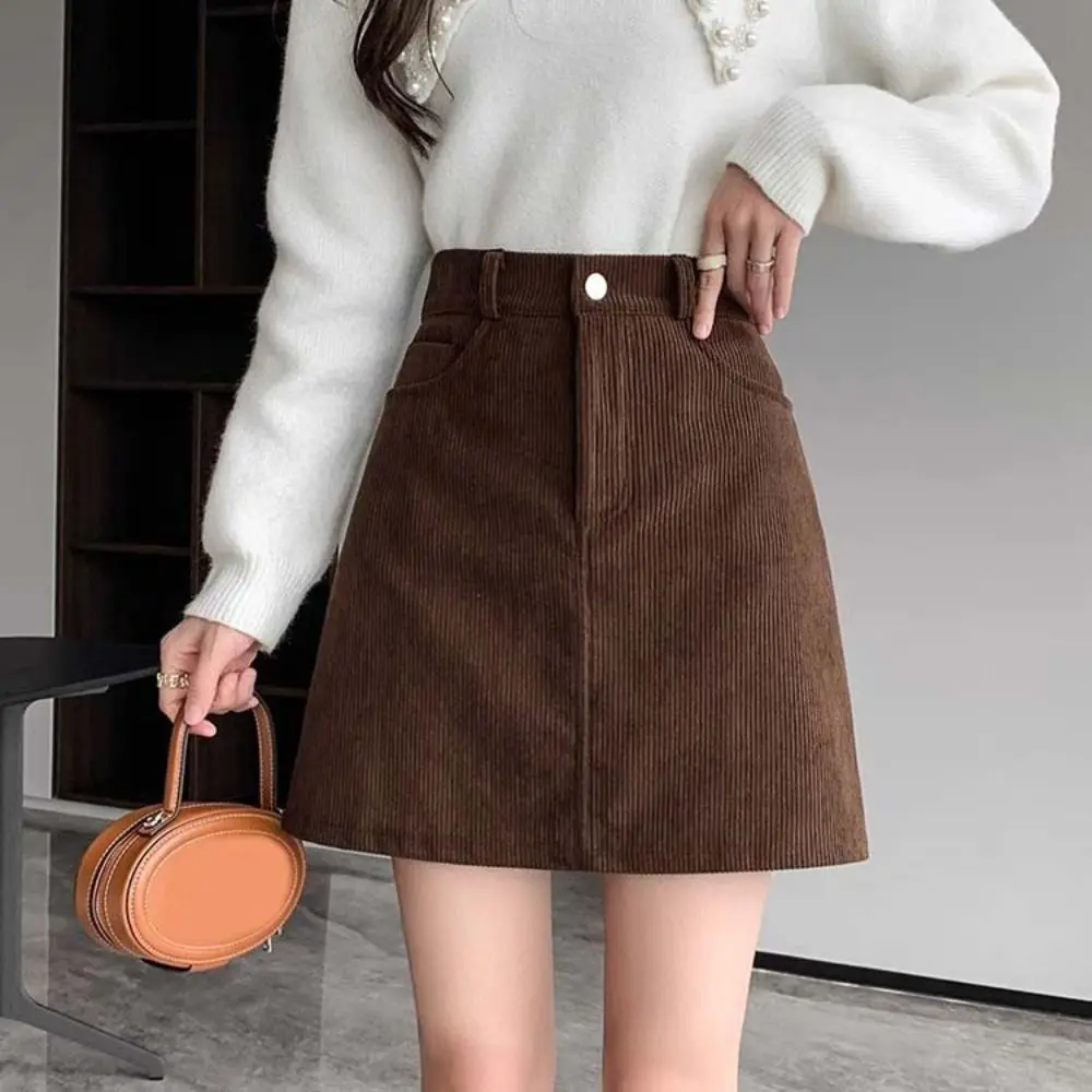 Retro High Waist Women Corduroy Skirt Spicy Girl Style Velvet A-line Short Skirt Large Size Autumn Winter Slim Fit Skirt Women