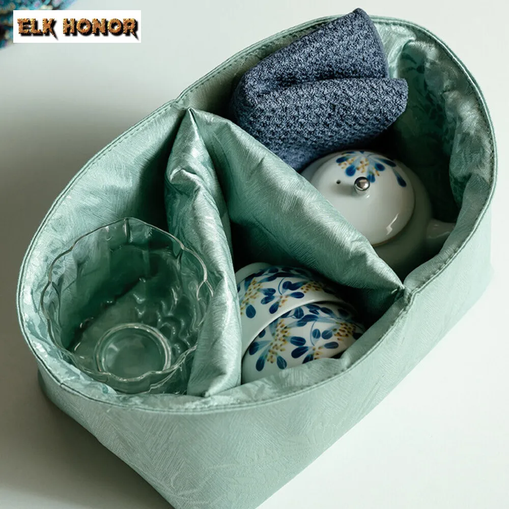 Deep Blue Lucky Flower Tea Art Storage Bag Large Capacity Tea Service Convenient to Carry Travel Handbag Teaset Protection Bag