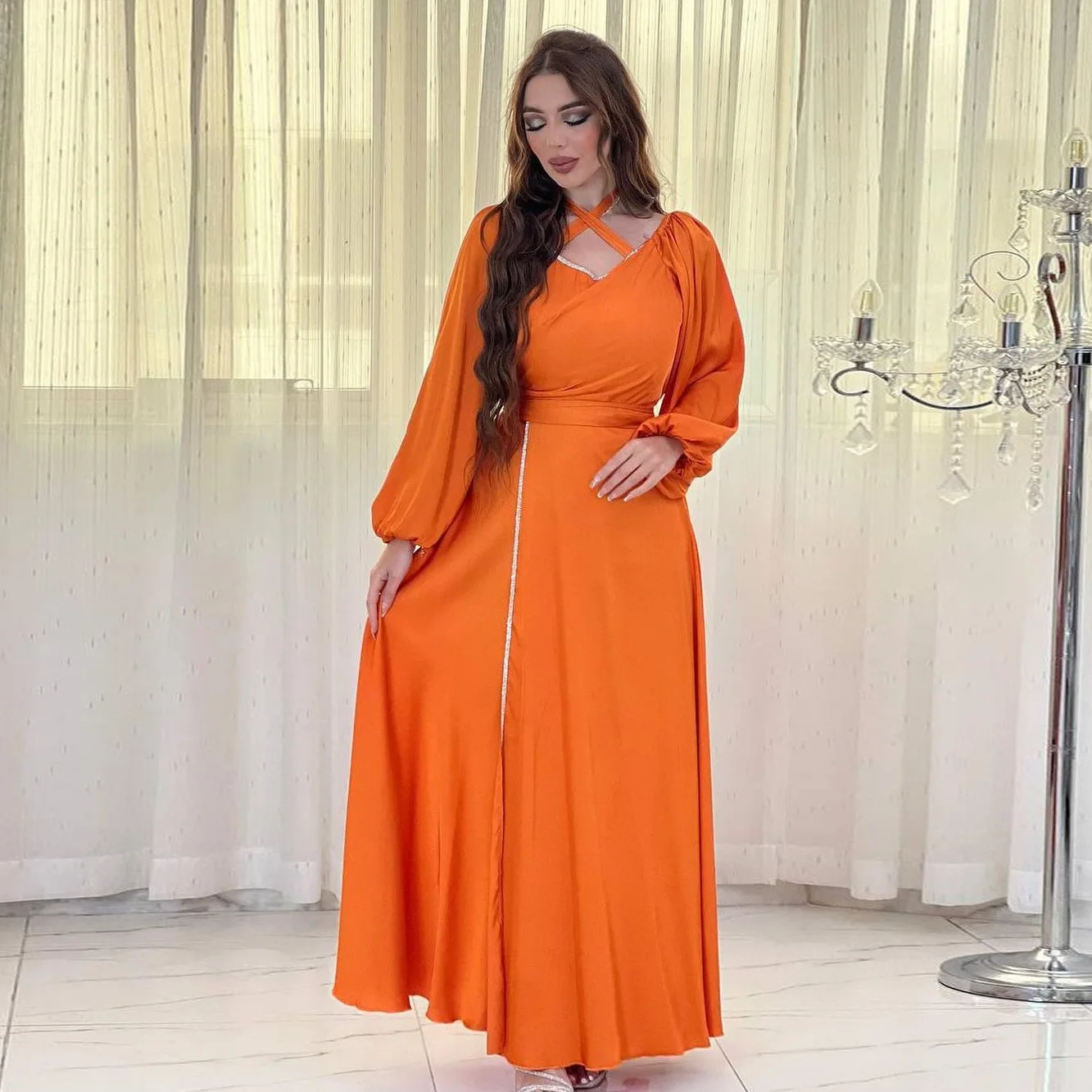 Dubai Dress Hot Diamond Evening Dress For Party V-neck Long Sleeves Elegant Dress Black Orange Muslim Arab Abaya Women Clothing