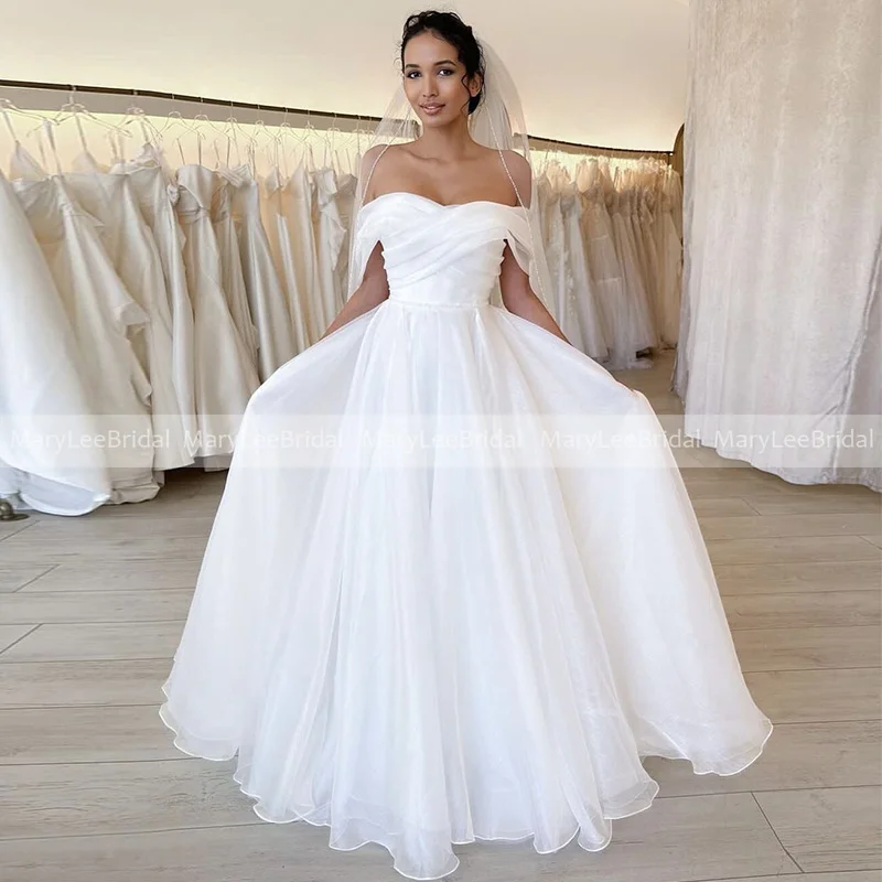 

White Princess A-Line Mori Wedding Dress 2024 Off The Shoulder Pleat Organza Chapel Train Plus Size Bridal Gown Vestido de Novia