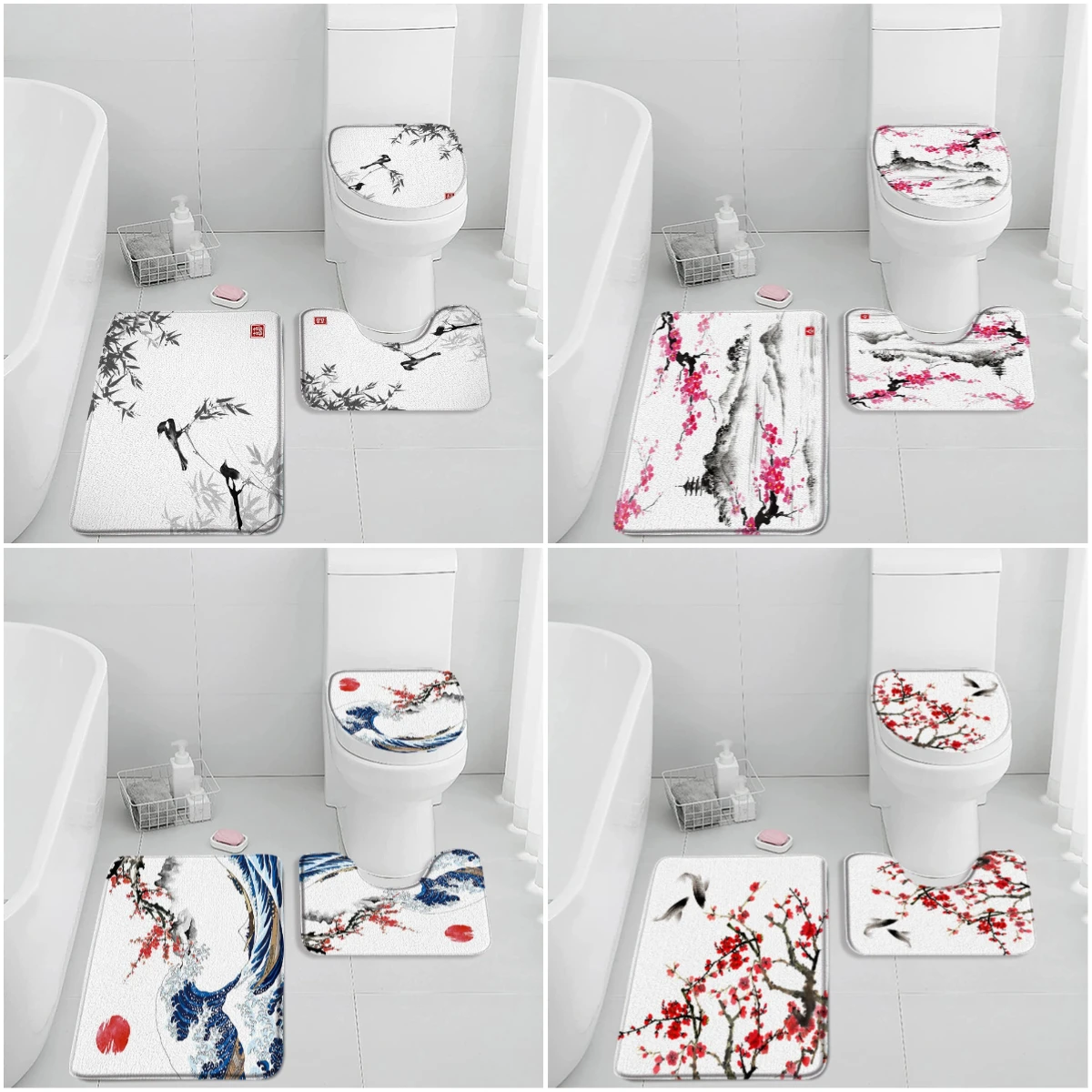 

Japanese Style Bath Mat Set Ink Painting Cherry Blossom Sakura Sea Waves Koi Bathroom Decor Non-slip Bath Rug Toilet Lid Cover