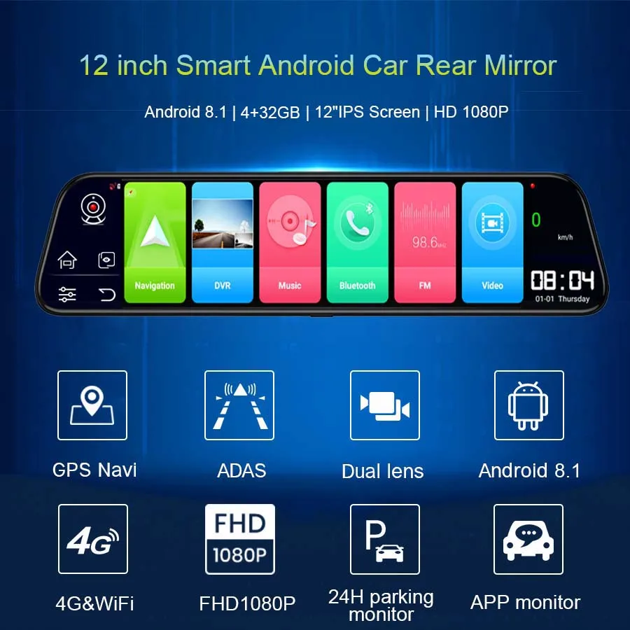 12 inch remote monitor rear Mirror navigator Android 8.1 GPS wifi Bluetooth Dash Camera 1080P dual camera ADAS Remote monitor