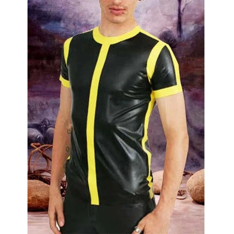 

Latex Coat Rubber Men Short Sleeve Jacket Black and Yellow Shirts Coat Sizes XS-XXL