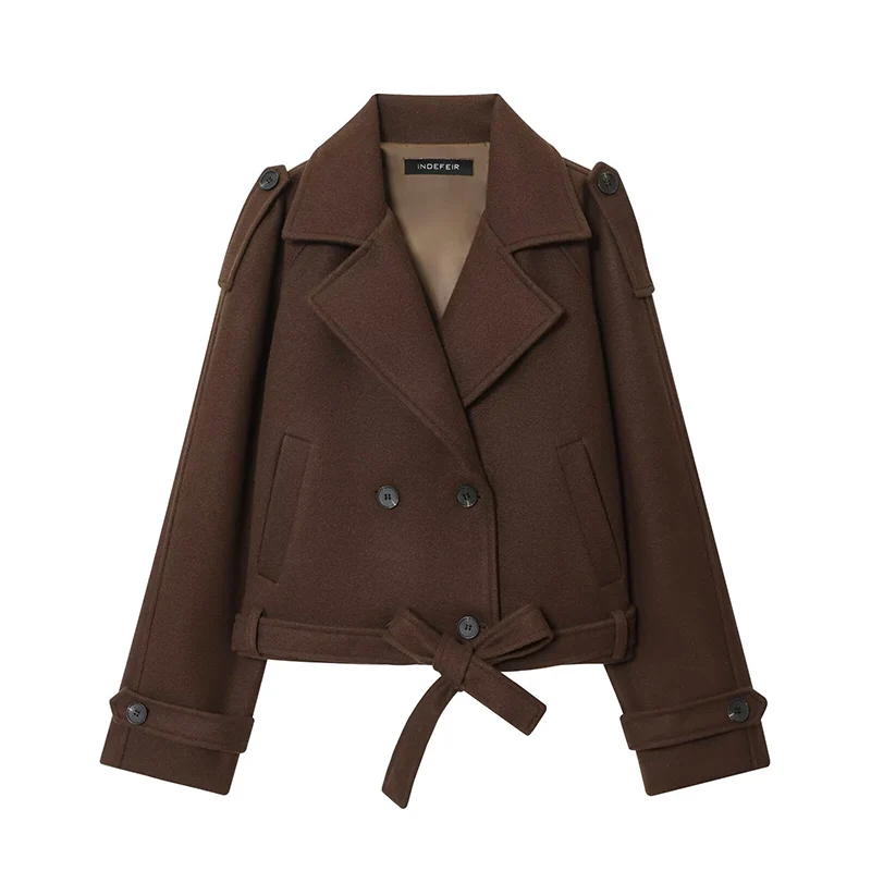 Solid Short Coats Jackets For Women Lace Up Double Breasted Long Sleeves Jacket 2025 Autumn Winter Fashion Streetwears Outerwear