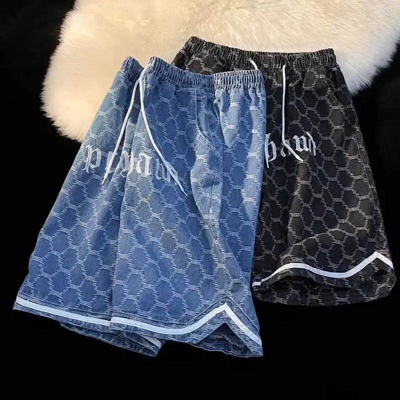 American Fashion Embroidered Denim Shorts Men's Summer Trend High Street Hip-hop Slit Sports Pants Casual Five-quarter Pants