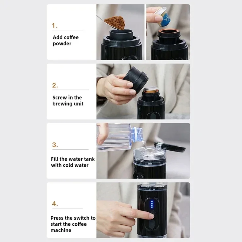 Portable Coffee Maker Travel Coffee Machine Compatible with Capsule and Powder USB Charging for Outdoor Car Office