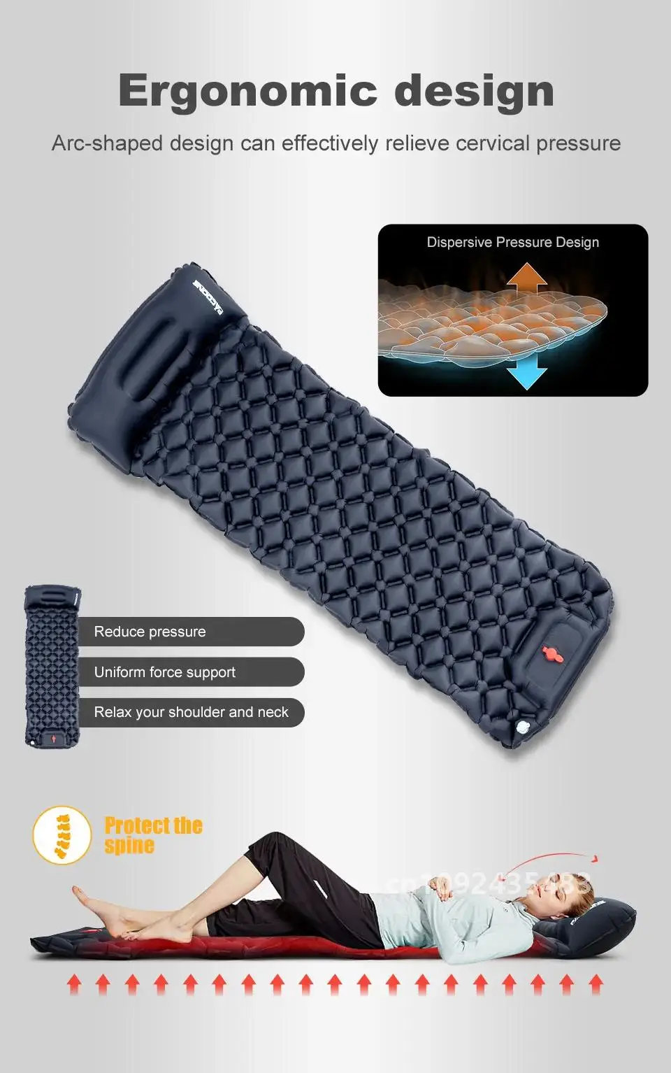 Description Picture 2 of itemPACOONE Outdoor Sleeping Pad Camping Inflatable Mattress Built-in Pump Ultralight Air Cushion Travel Mat With Headrest For Trave