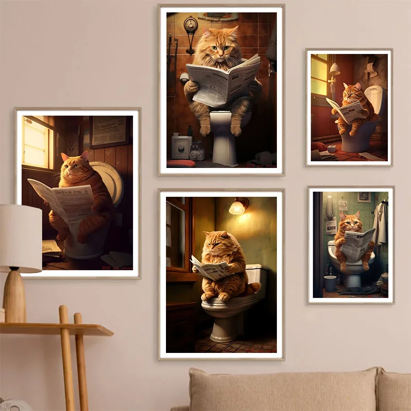 

Funny Kawaii Fat Cat Toilet Newspaper Aesthetics Poster HD Pictures Canvas Painting Art for Living Room Home Wall Toilet Decor