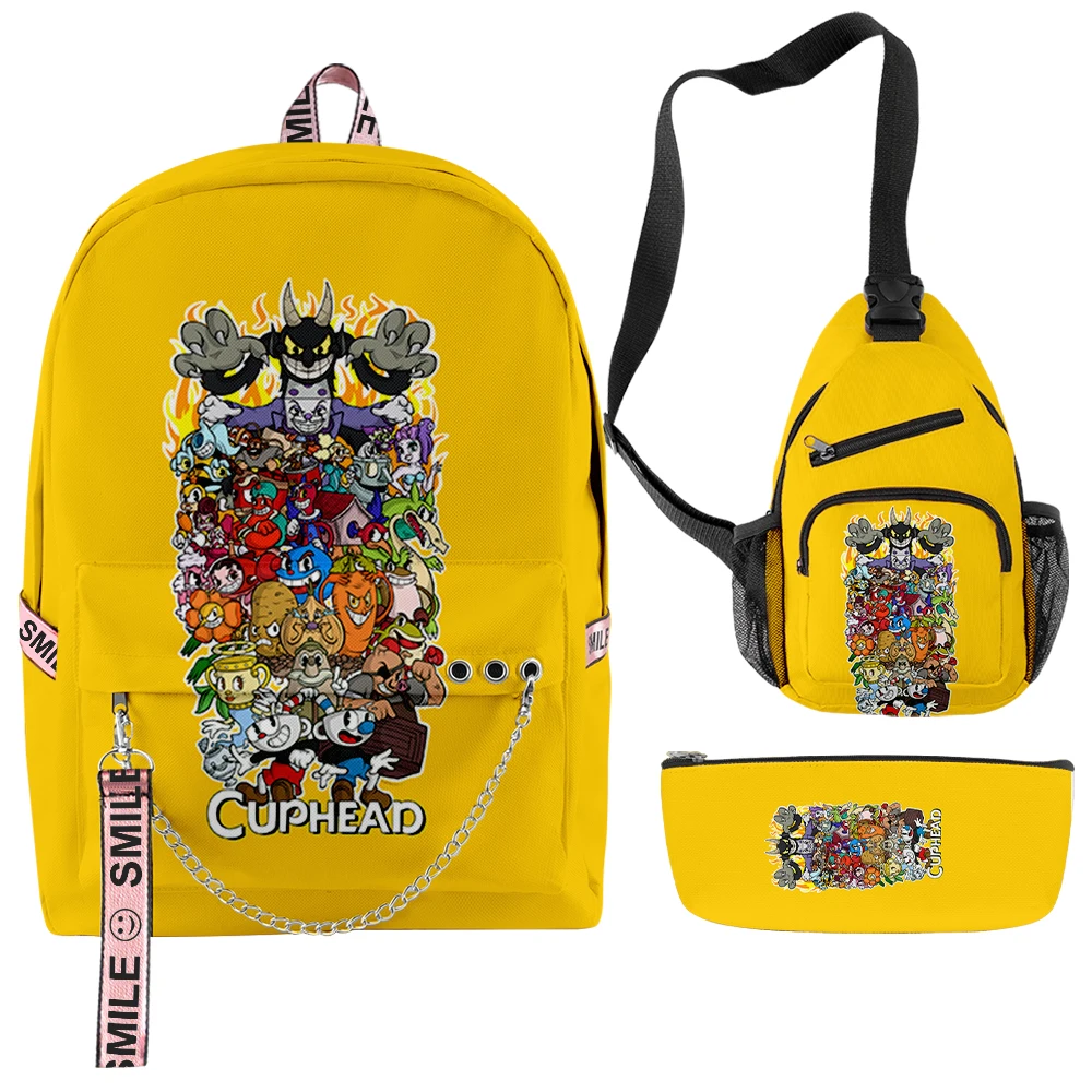 

Classic Cartoon Novelty Cuphead Anime 3D Print 3pcs/Set Student School Bags multifunction Travel Backpack Chest Bag Pencil Case