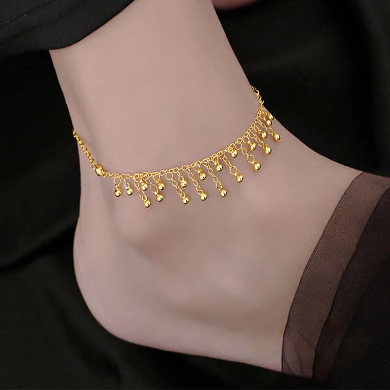 925 Sterling Silver Round Bead Tassel Ankle Chain Gold Fashionable Temperament Ankle Chain Holiday Gift Jewelry
