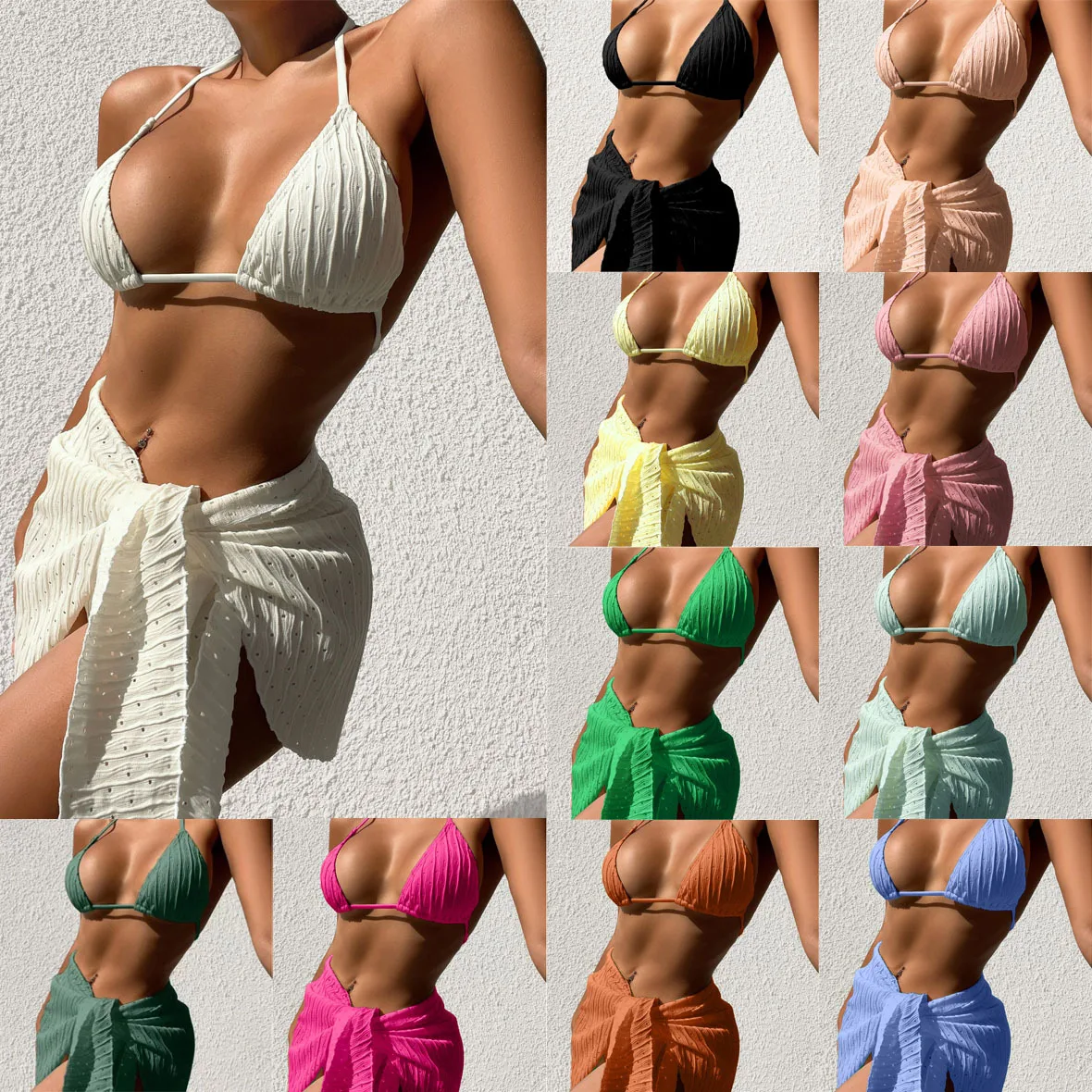

2023 New Swimwear Women Sexy Bikini Set Solid Color High Waist Three Pieces Swimwear Beachwear Bathing Suit Femme