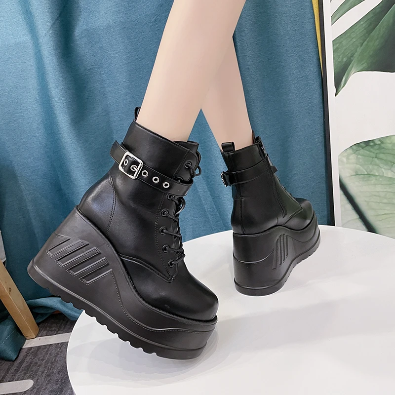 2023 Shoes for Female Side Zip Belt Buckle Women's Ankle Boots Wedge Heel Women's Shoes High Platform Plus Size Ladies Boots