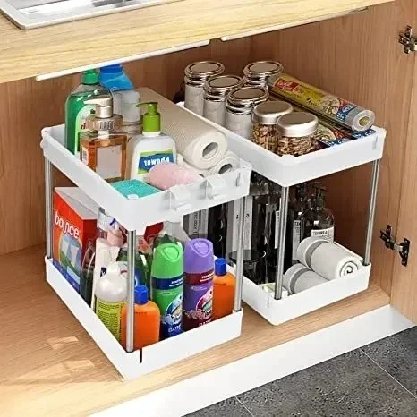Description Picture 5 of item1/2 Pcs Under Sink Storage Organizer 2 Tier Drawer Multipurpose Rack Cabinet Under Sink Storage Rack Bathroom Kitchen Organizer