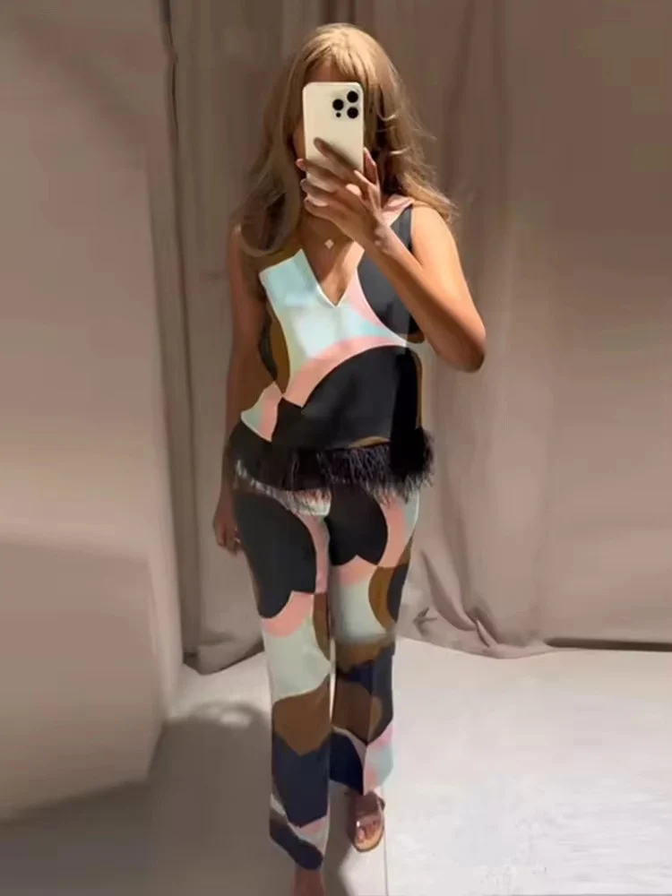 Geometric Print Patchwork Vest Pants Sets For Women 2 Piece Feather Decoration V-Neck Tank Tops Suits Casual Woman Outfits