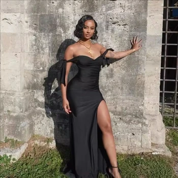 Customized Black Floor-Length Prom Dress One Shoulder Strapless Backless robes de soirée Side Slit Chiffon Party Dresses