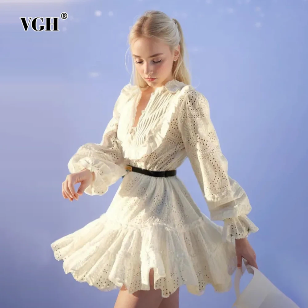 

VGH Solid Hollow Out Patchwork Belt Dresses For Women Round Neck Lantern Sleeve High Waist Spliced Button Mini Dress Female New