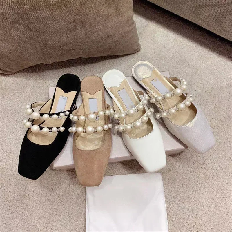 2024 Spring and Autumn New One line Leather Flat Bottom Mary Jane Shallow Mouth Pearl Square Head Single Shoes for Women