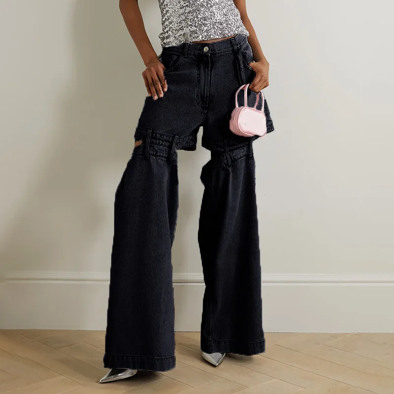 Retro Fashion Street Style 2024 Summer Cut Cut Cutout Careful Machine Design Denim Loose Wide-leg Pants for Women Slight Strech