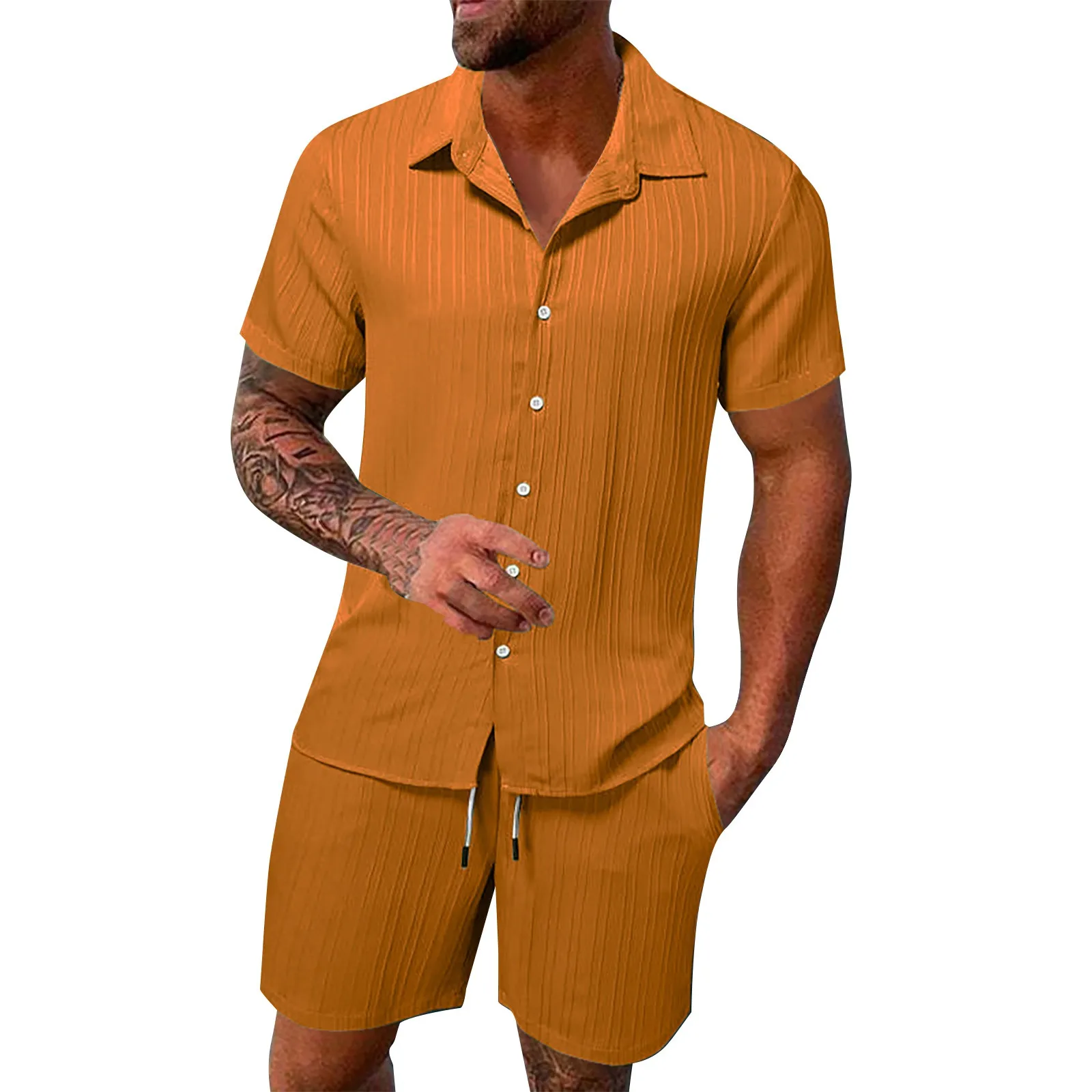 

2024 New Summer Men'S Solid Color Cotton Linen Striped Shirt Short Sleeve Shorts Daily Beach Hawaiian High Quality 2-Piece Set