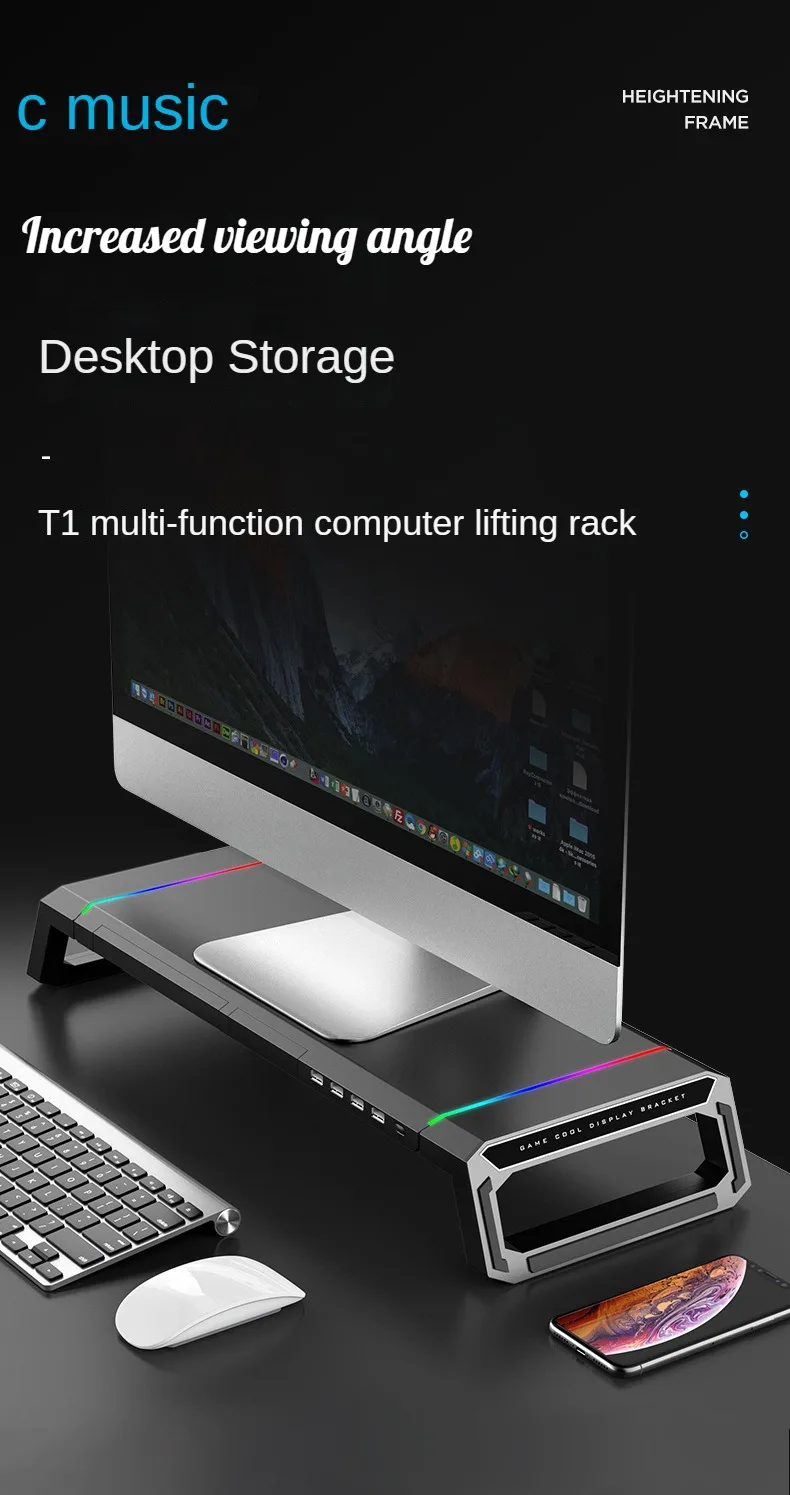 Description Picture 2 of itemRGB Gaming Computer Monitor Stand, Riser with 4 USB, Foldable Monitor Riser, Storage Drawer and Phone Holder for PC and Laptop