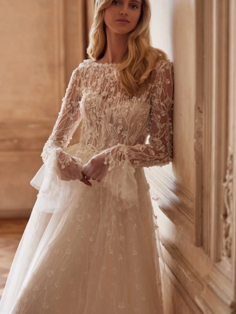 

Gorgeous Wedding Dresses A-Line Tulle Bridal Gowns Lace Appliques Full Flare Sleeves O-Neck Robes 2024 Vestidos De Novia 2023
