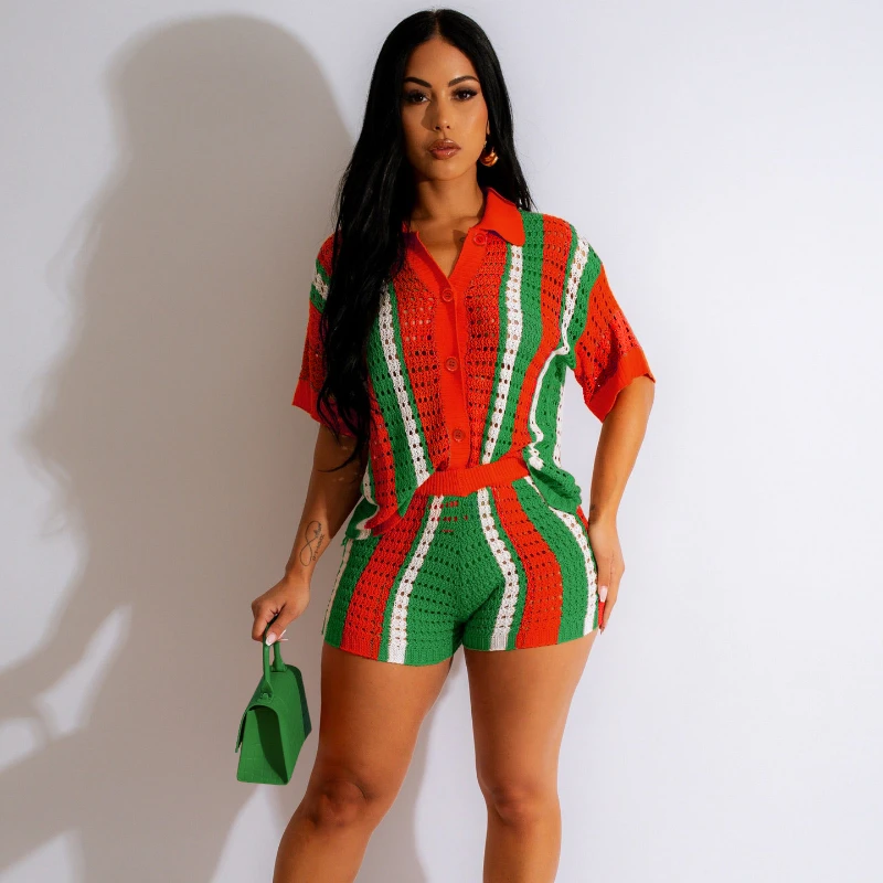 Striped Printed Knitted Two Piece Sets Women Hollow Out Polo-Neck Short Sleeve Single Breasted Shirts Tops + Shorts Casual Suits